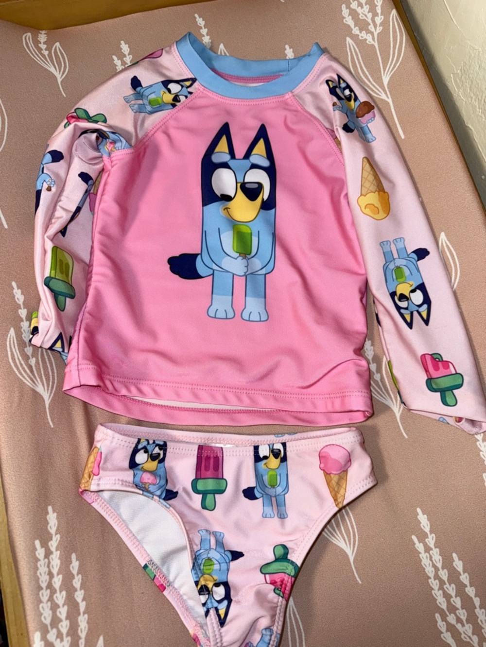 Pink Bluey-Print Long Sleeve Rashguard Swim Set for Kids